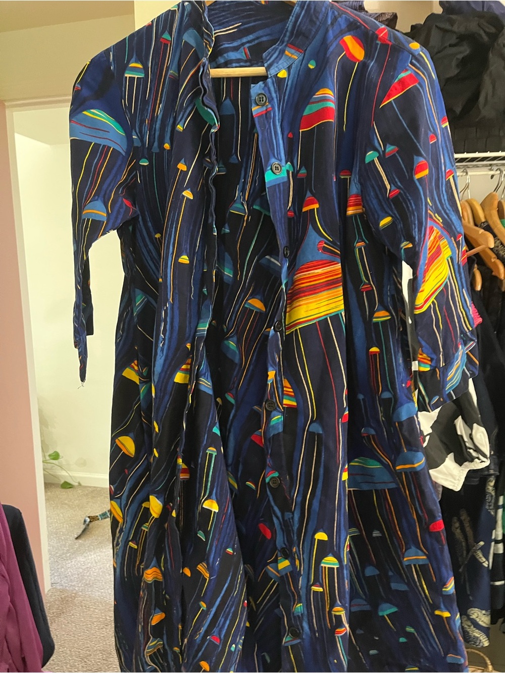 Navy Multicolor Mushroom Print Button-Up Dress